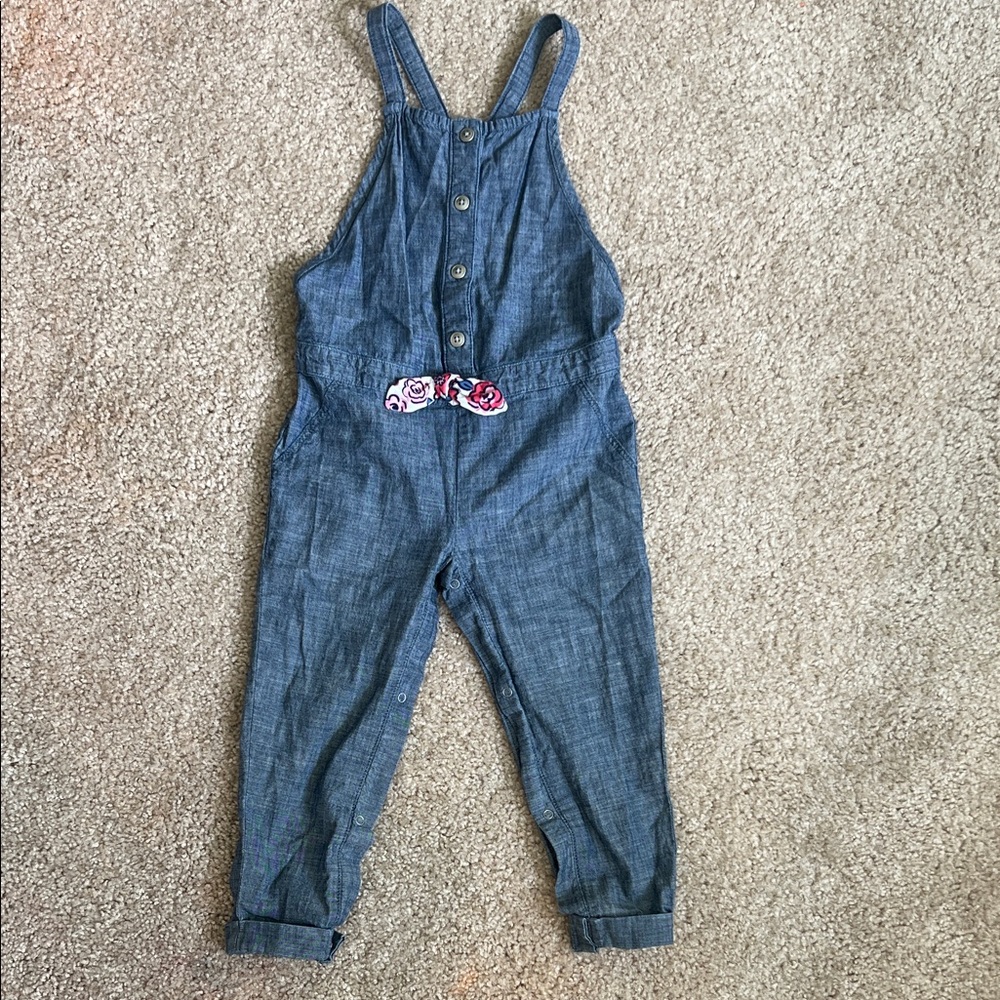 Gymboree Blue Denim Kids One Piece Jumpsuit with Floral Bow and snap open bottom